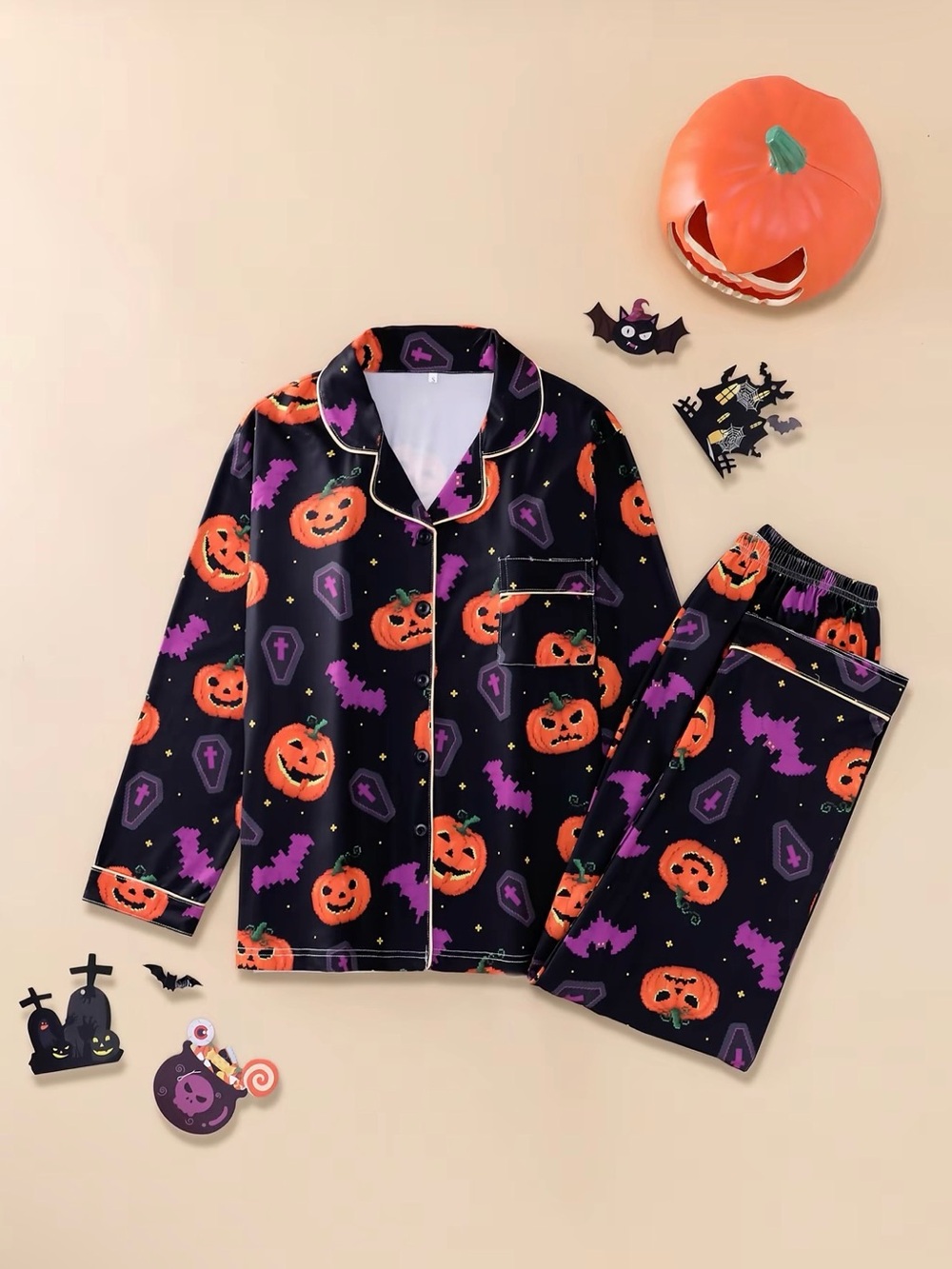 Halloween Pumpkin Print Adult Sizes Pajama Set - Black & Orange - Picture 3 of 8